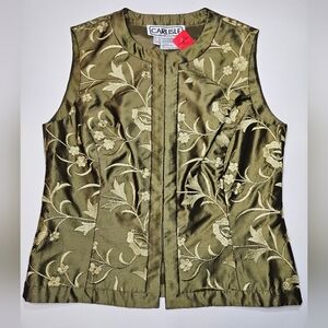 Carlisle Womens Green Gold Floral Embroidered Hook Eye 100% Silk Vest Top Size 6